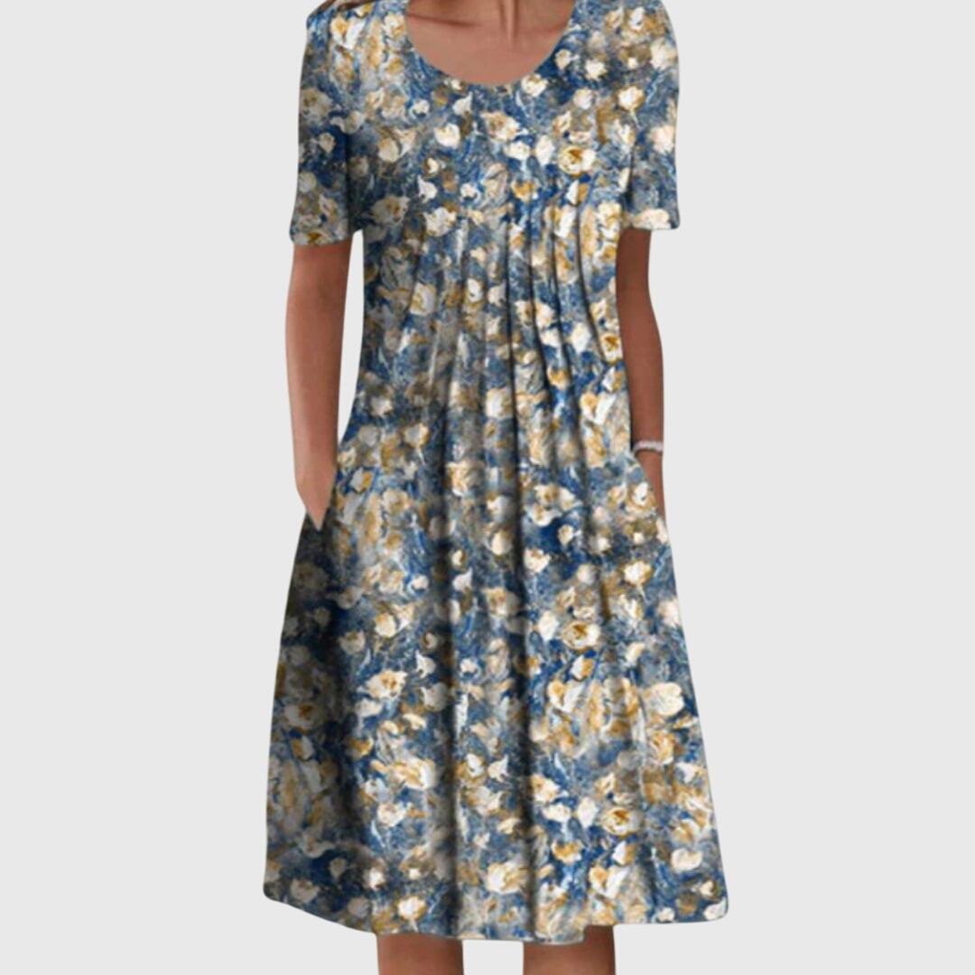 Women's Smart Casual Dress | Midi Round Neck Floral Print Short Sleeve