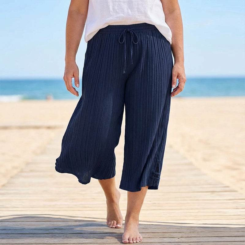 Women's Cotton Linen Wide Leg Cropped Pants Spring Drawstring Culottes Plus Size Trousers