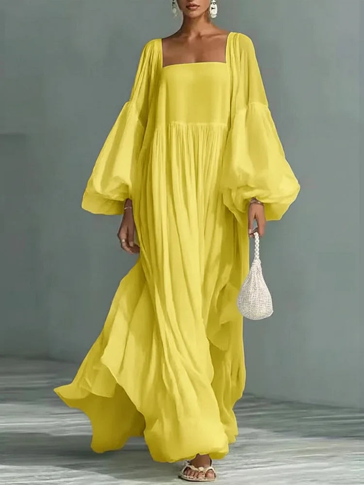 Women's Flowy Maxi Dress | Square Neckline Puff Sleeve Maxi
