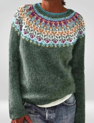 Women's Crew Neck Long Sleeve Fair Isle Knit Sweater