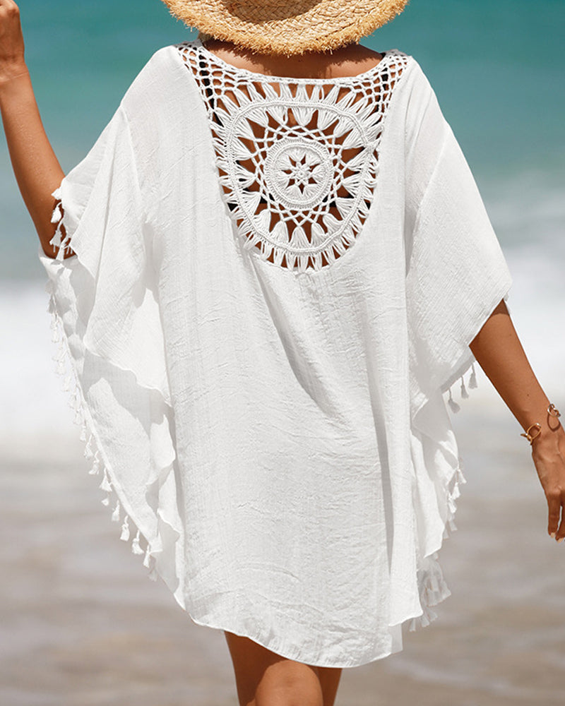 Women's Beach Cover Dress | Crochet Cutout Round Neck Three Quarter Sleeve