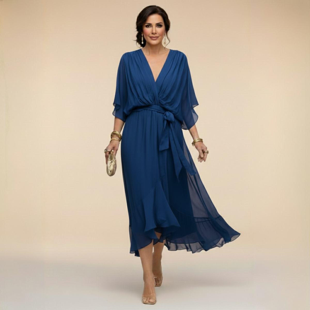 Women's Cocktail Dress | Midi V-Neck Chiffon Wrap