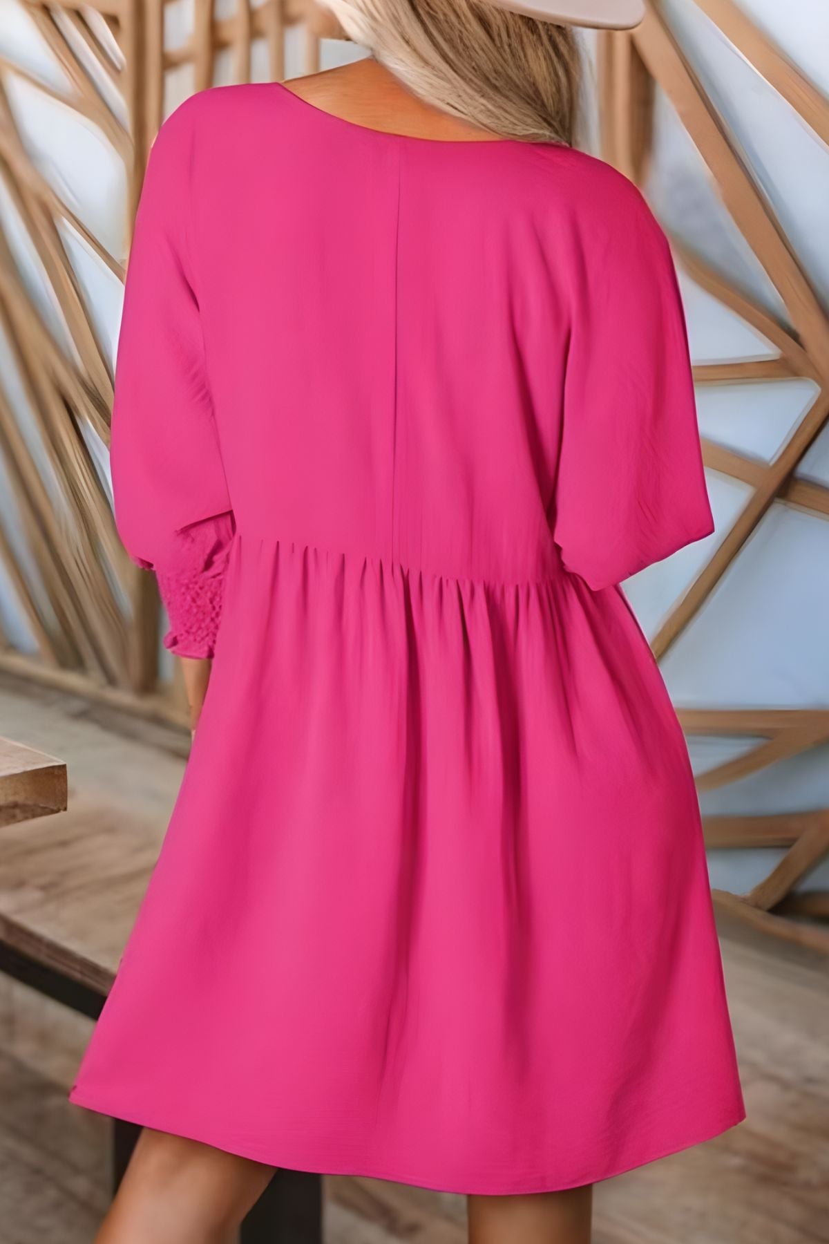 Women's Babydoll Dress | Midi Crew Neckline Smocked Cuff