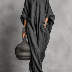 Women's Long Dress | Relaxed Silhouette Batwing Sleeve Linen