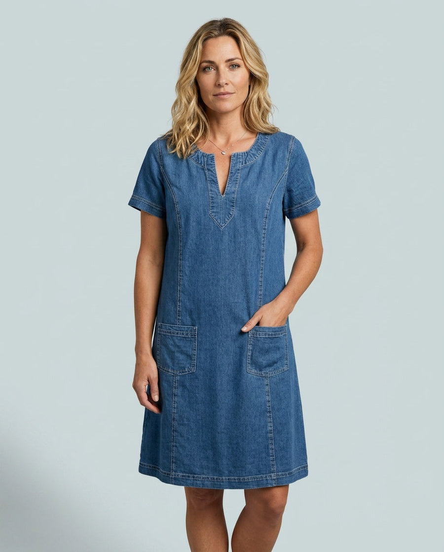 Women's Denim Dress | Midi Length Notch Neckline Short Sleeves