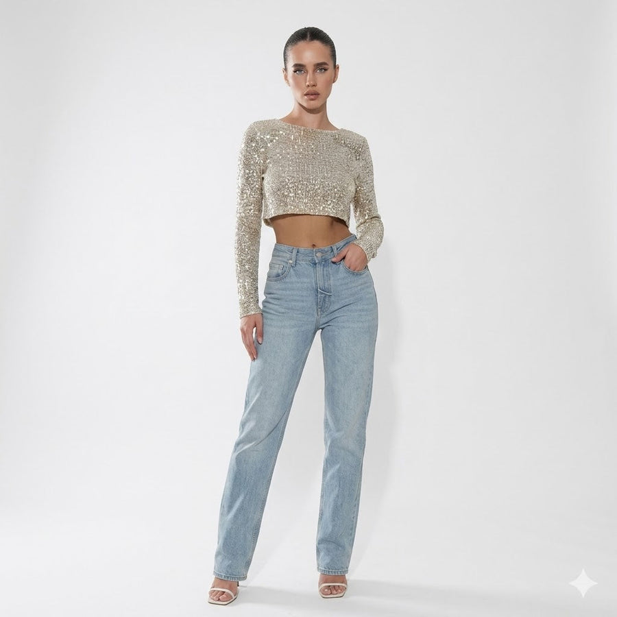 Women's Sequin Top | Long Sleeve Round Neckline Cropped