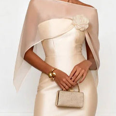 Women's Satin Dress | Midi Length Off-Shoulder Shawl Embellished