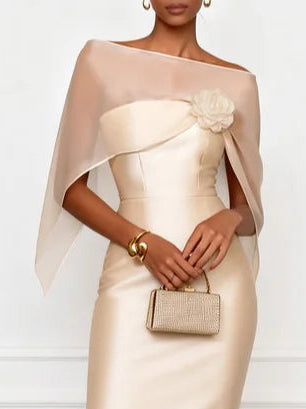 Women's Satin Dress | Midi Length Off-Shoulder Shawl Embellished