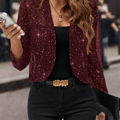 Women's Winter Jacket | Cropped Sequin Open Front Three Quarter Sleeve