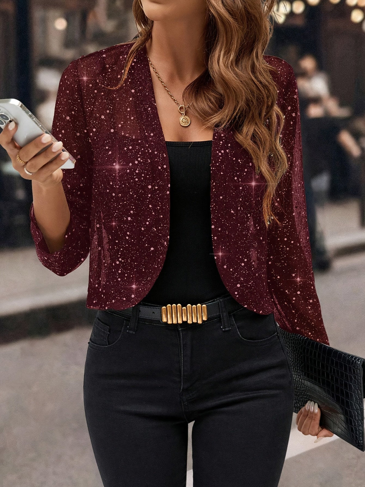 Women's Winter Jacket | Cropped Sequin Open Front Three Quarter Sleeve