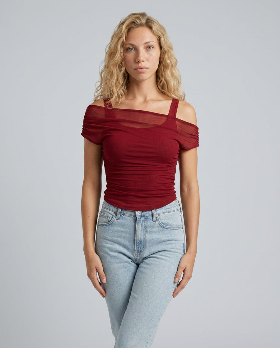 Women's Red Top | Off-Shoulder Ruched Mesh Crop