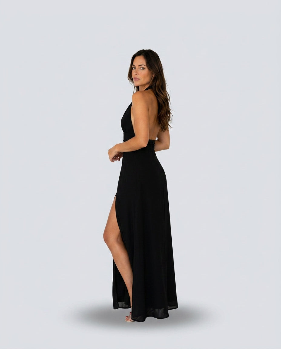 Women's Wedding Guest Dress | Maxi Halter Neck Leg Slit Polyester