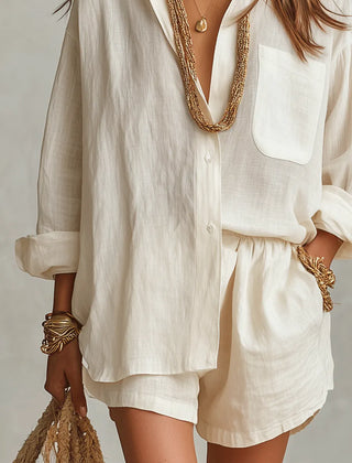 Women's White Linen Shorts | Oversized Button Front Relaxed Fit