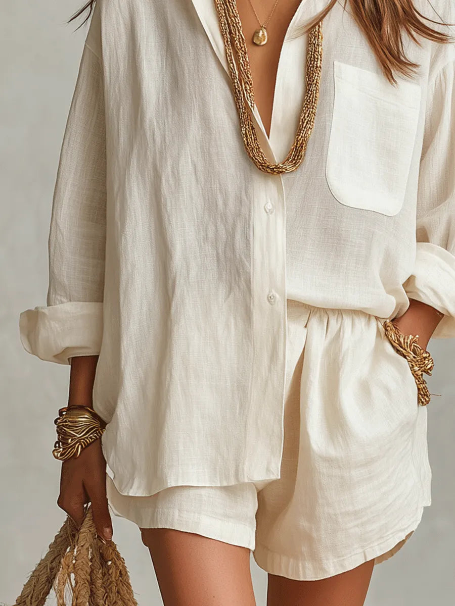 Women's White Linen Shorts | Oversized Button Front Relaxed Fit