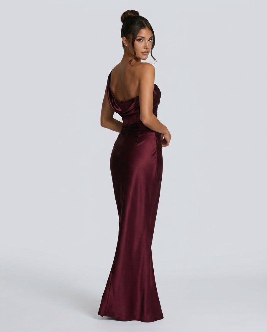 Women's New Years Eve Gown | Maxi Asymmetric Strapless Satin