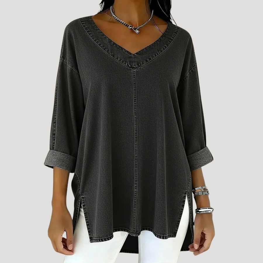 Women's Long Sleeve Top | V-Neck Relaxed Fit Denim Rolled Cuff