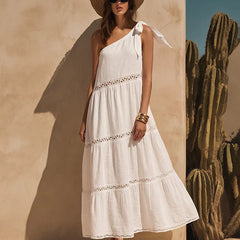 Women's Linen Maxi Dress | One-Shoulder Tie Tiered Linen