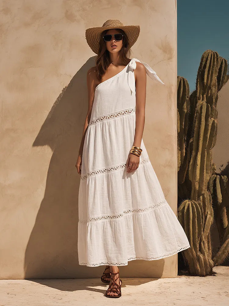 Women's Linen Maxi Dress | One-Shoulder Tie Tiered Linen