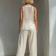 Women's Linen Pants | Wide Leg Drawstring Crew Neck Sleeveless