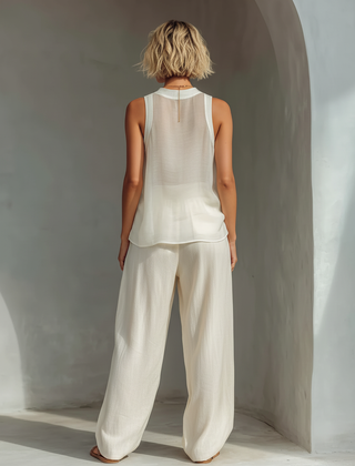 Women's Linen Pants | Wide Leg Drawstring Crew Neck Sleeveless