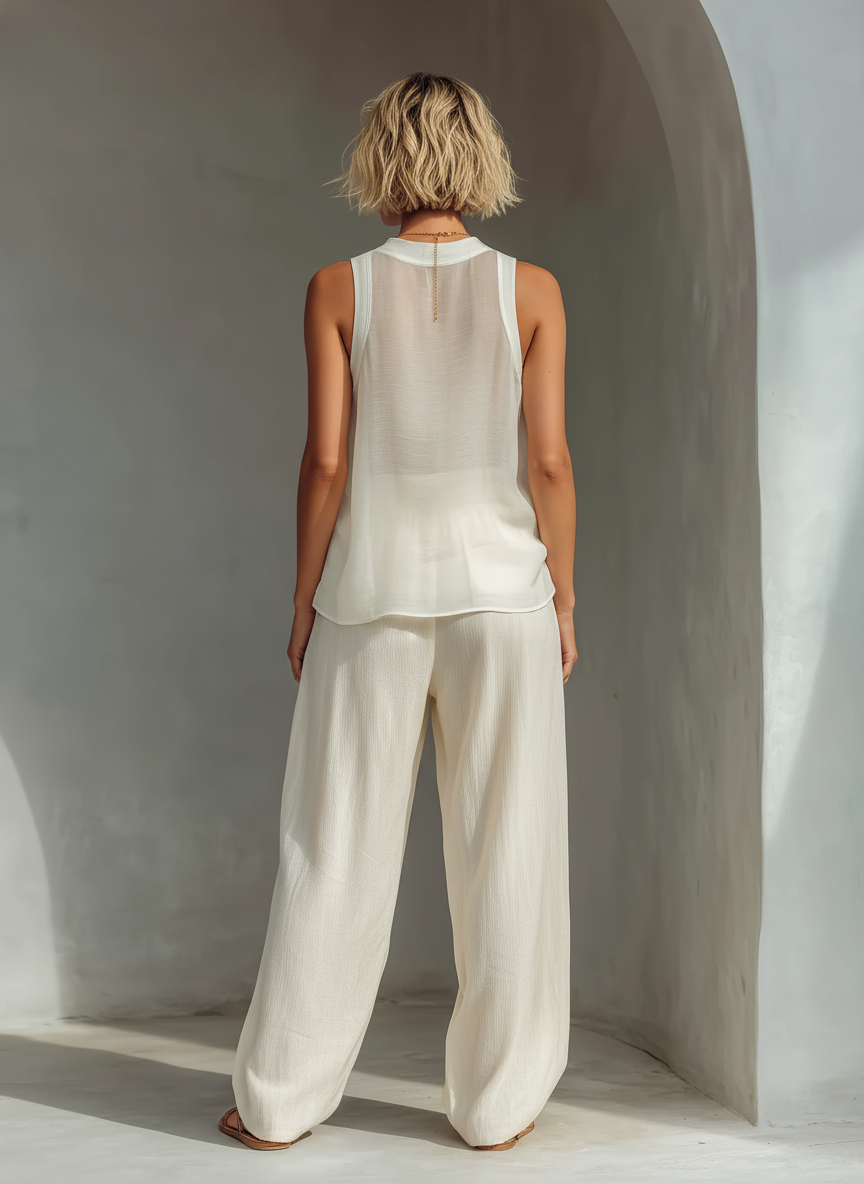 Women's Linen Pants | Wide Leg Drawstring Crew Neck Sleeveless
