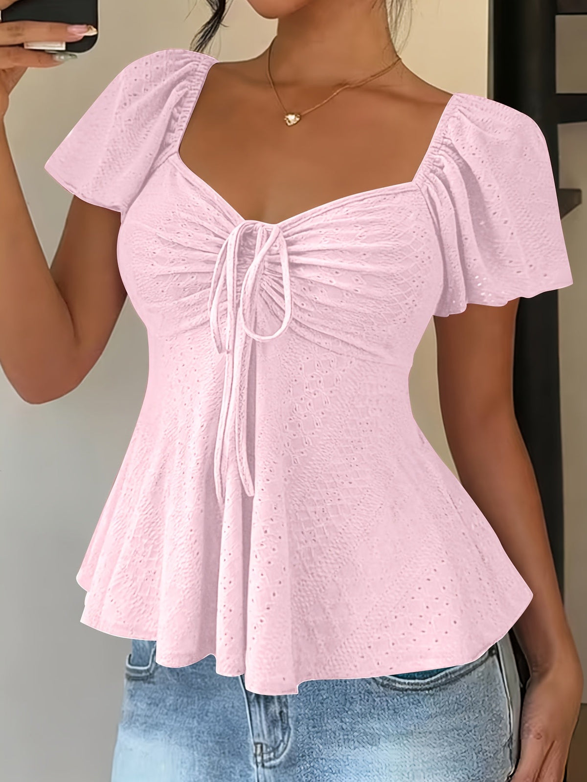 Women's Peplum Top | Sweetheart Neckline Flutter Sleeve Tie Closure