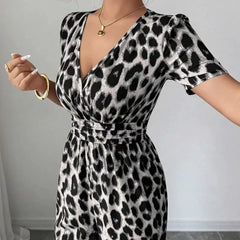 Women's Jumpsuit | Wrap Neckline Wide Leg Leopard Print