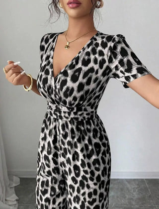 Women's Jumpsuit | Wrap Neckline Wide Leg Leopard Print