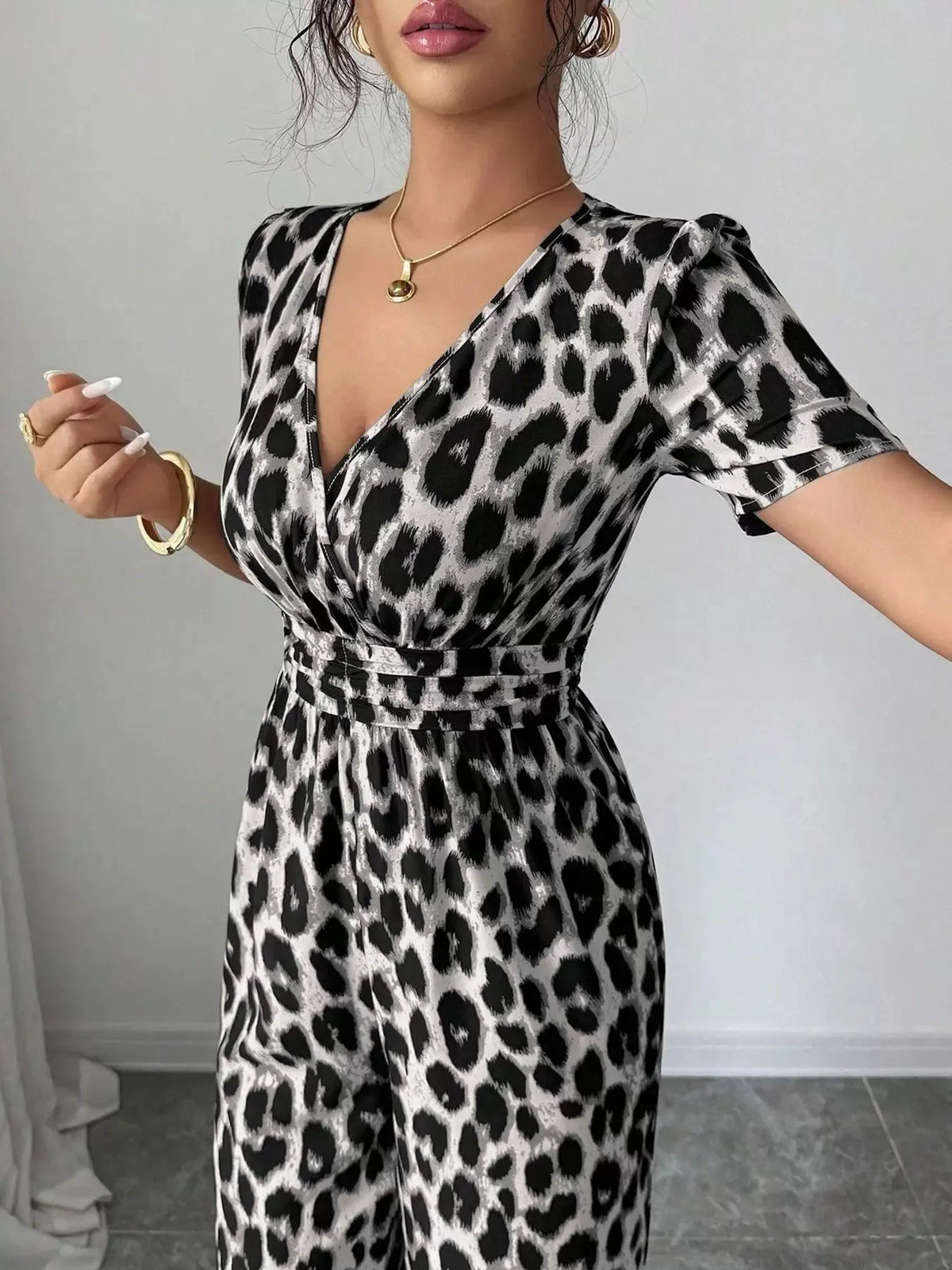Women's Jumpsuit | Wrap Neckline Wide Leg Leopard Print