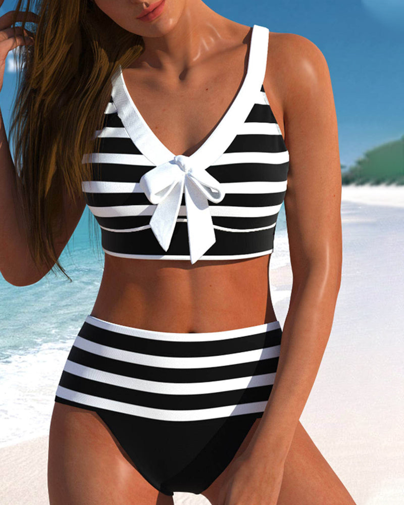 Women's High Waisted Bikini | Striped V-Neck Tie Front