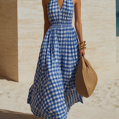 Women's Cotton Maxi Dress | Halter V-Neck Sleeveless Plaid