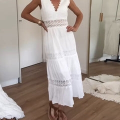 Women's Lace Dress | V-Neck Sleeveless Midi Lace Trim