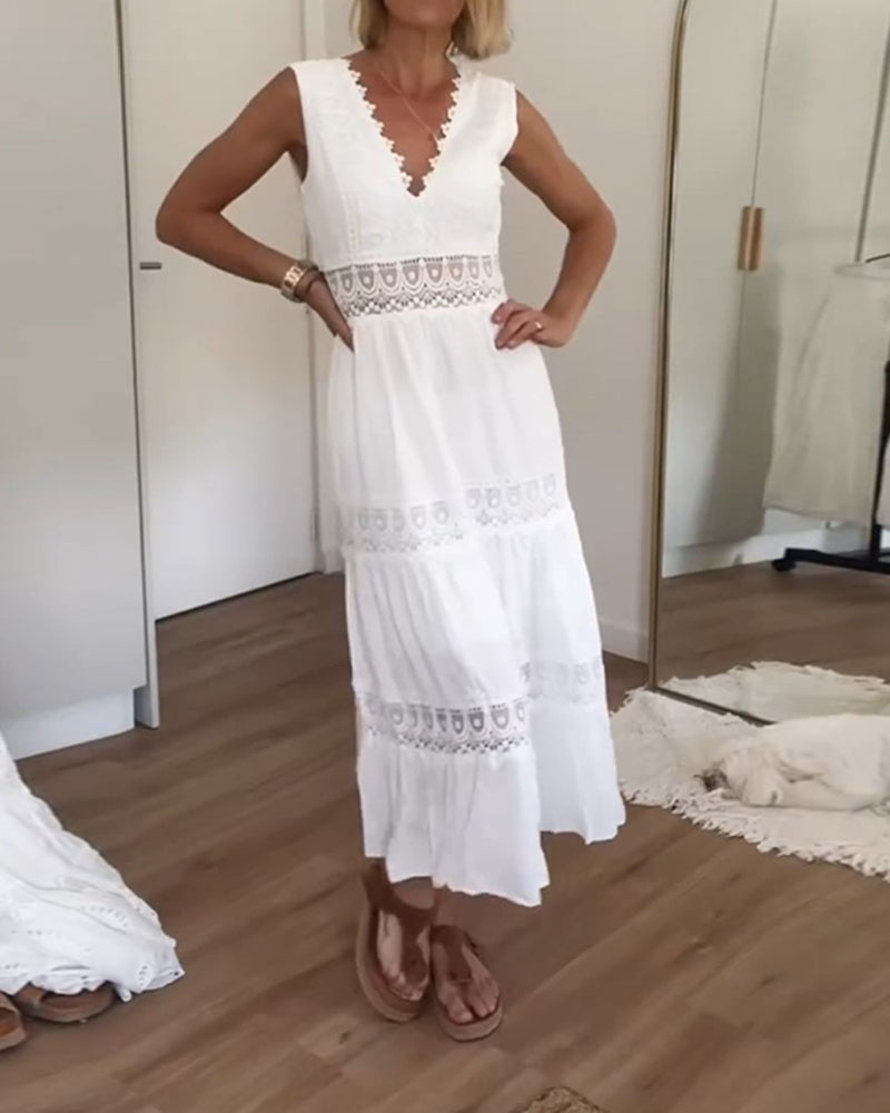 Women's Lace Dress | V-Neck Sleeveless Midi Lace Trim
