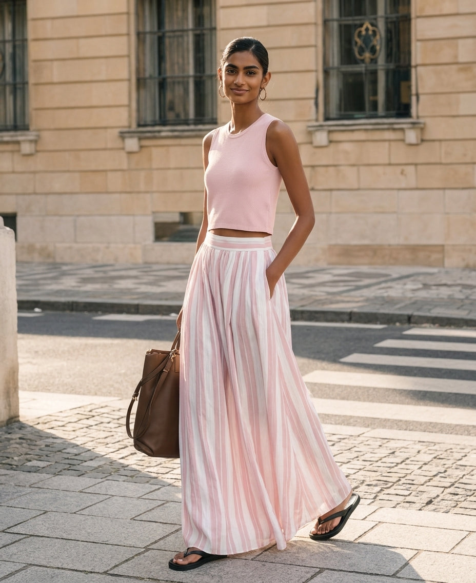 Women's Maxi Skirt | Striped Pleated Maxi Woven