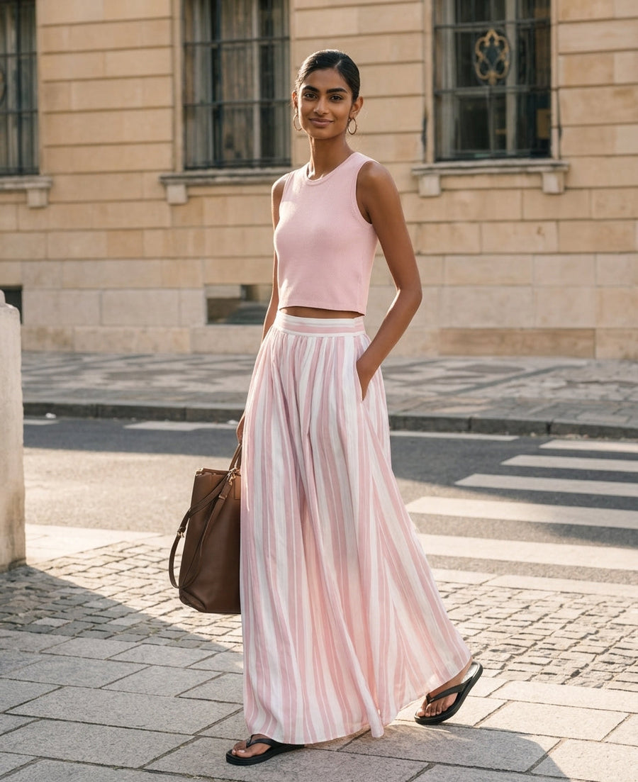 Women's Maxi Skirt | Striped Pleated Maxi Woven