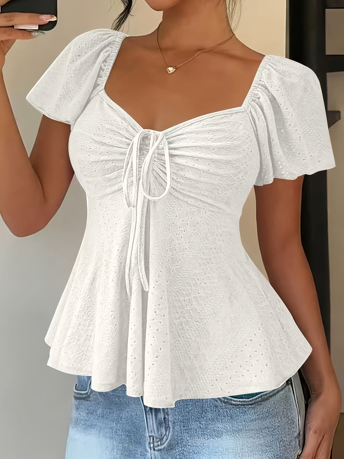 Women's Peplum Top | Sweetheart Neckline Flutter Sleeve Tie Closure