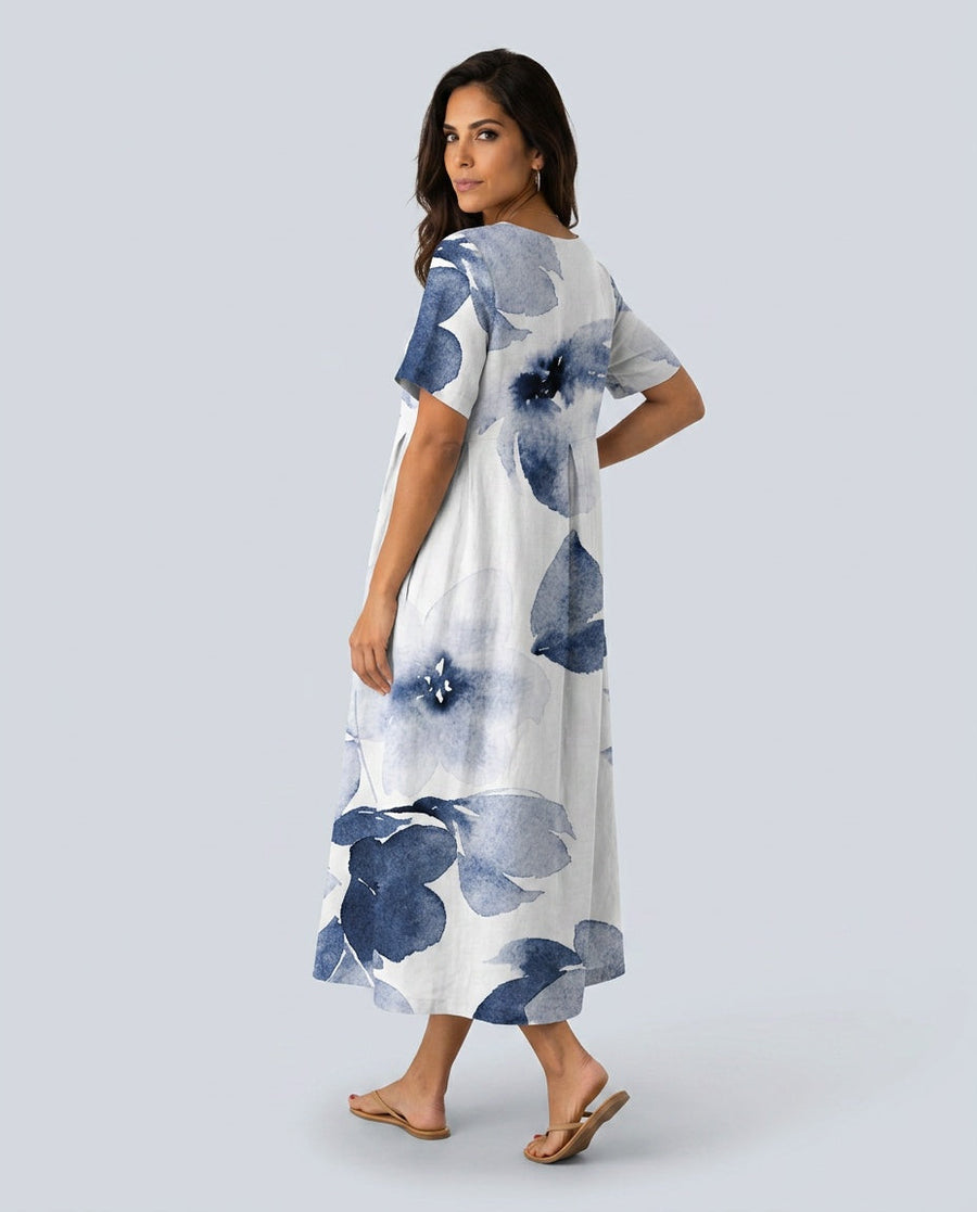 Women's Beach Cover Dress | Maxi Round Neck Short Sleeve Linen Blend