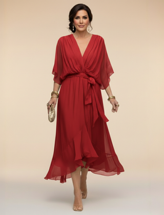 Women's Cocktail Dress | Midi V-Neck Chiffon Wrap