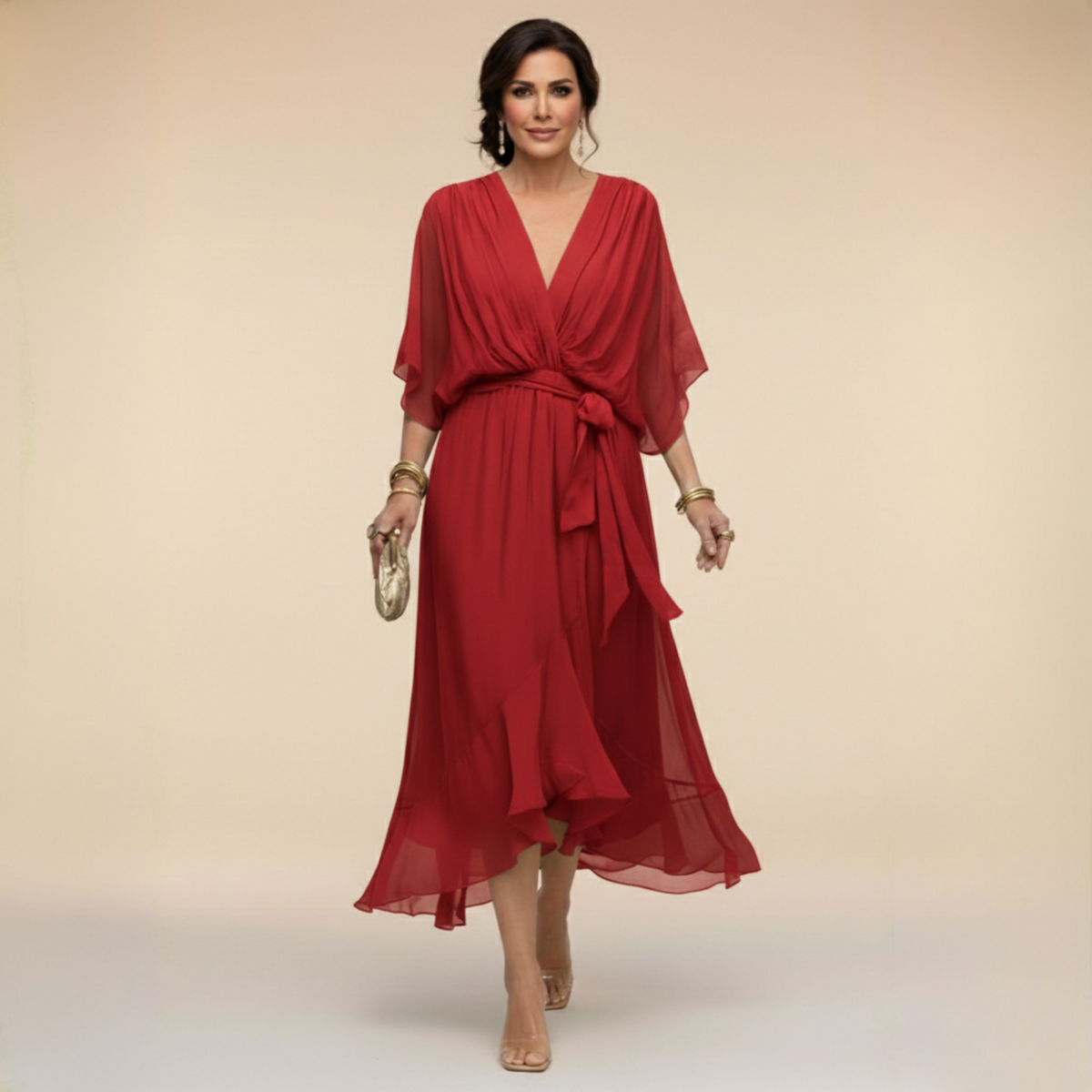Women's Cocktail Dress | Midi V-Neck Chiffon Wrap