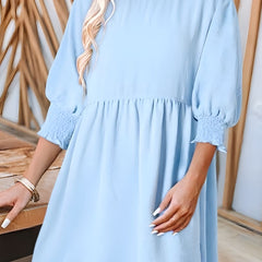 Women's Babydoll Dress | Midi Crew Neckline Smocked Cuff