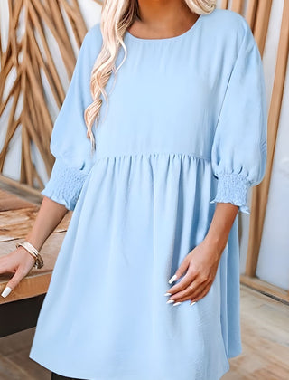 Women's Babydoll Dress | Midi Crew Neckline Smocked Cuff
