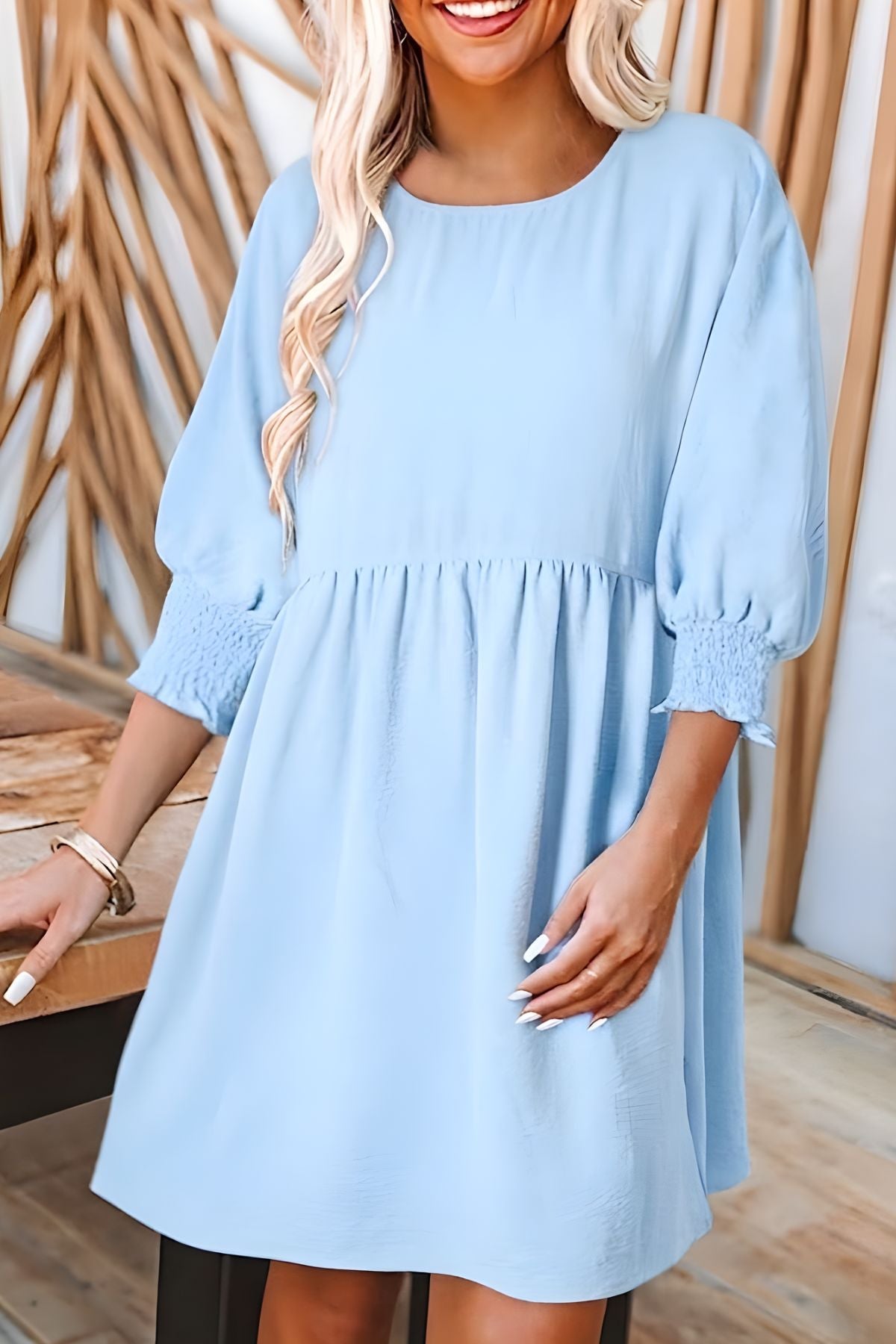 Women's Babydoll Dress | Midi Crew Neckline Smocked Cuff