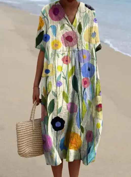 Women's Flowy Dress | V-Neck Short Sleeve Floral Midi