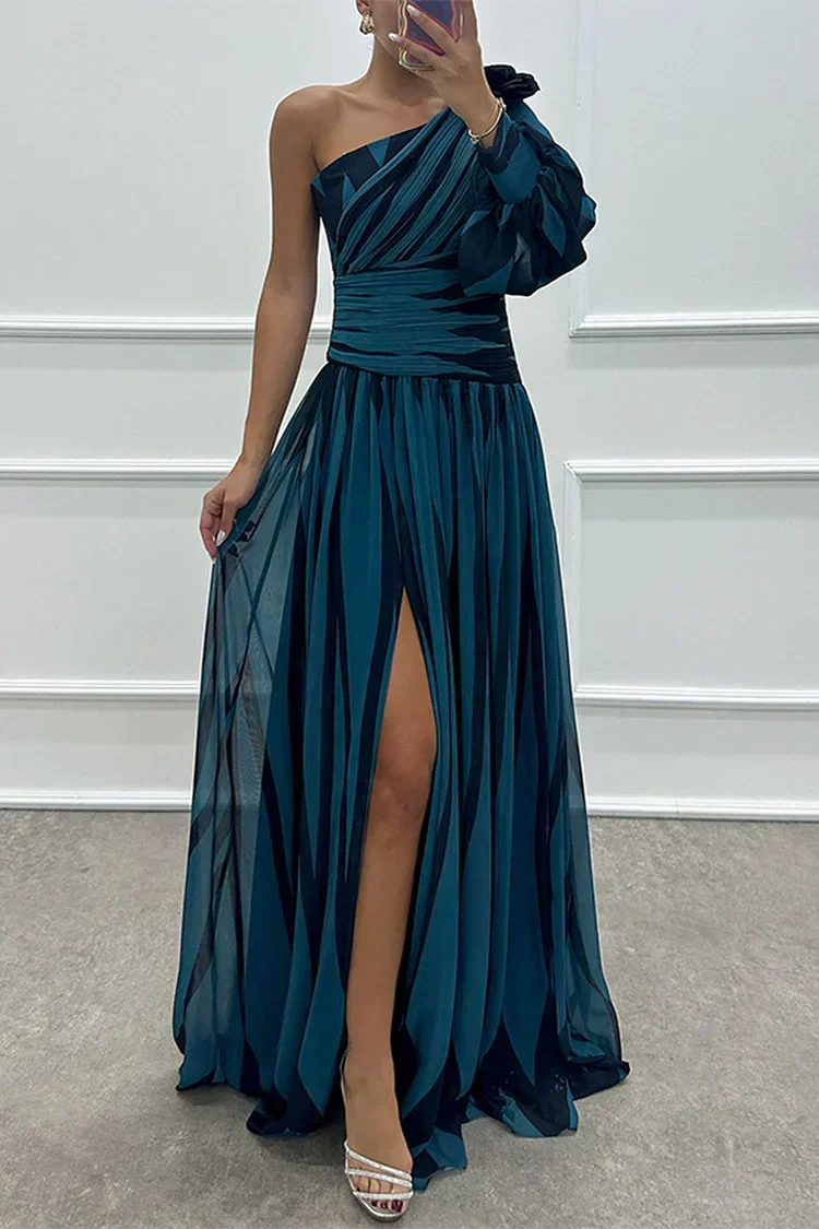 Women's Floor Length Evening Gown | One Shoulder Striped Maxi Pleated