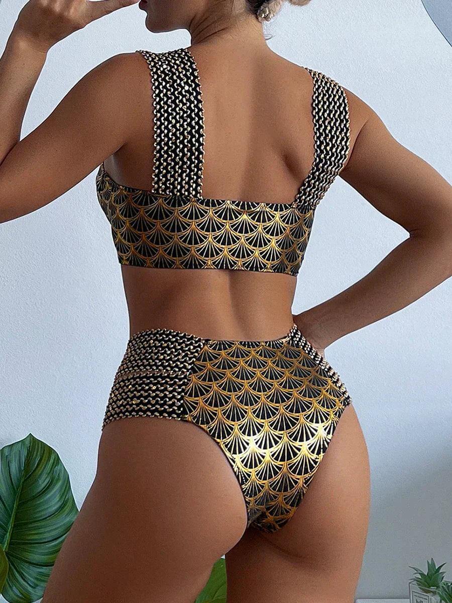 Women's High Waisted Bikini | Push-Up Sweetheart Neckline Metallic Print