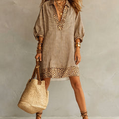 Women's Summer Dress | Midi Shirt Collar Puffed Sleeve Leopard Trim