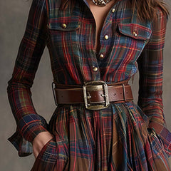 Women's Plaid Dress | Collared Long Sleeve Belted