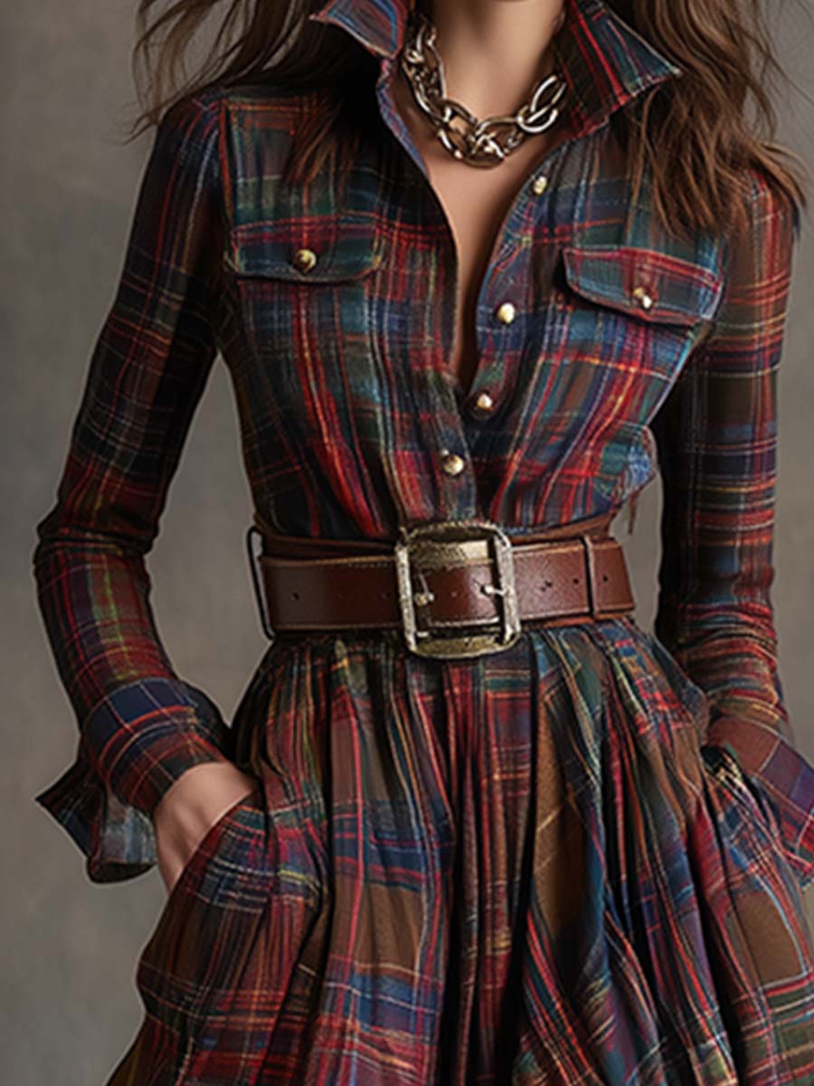 Women's Plaid Dress | Collared Long Sleeve Belted