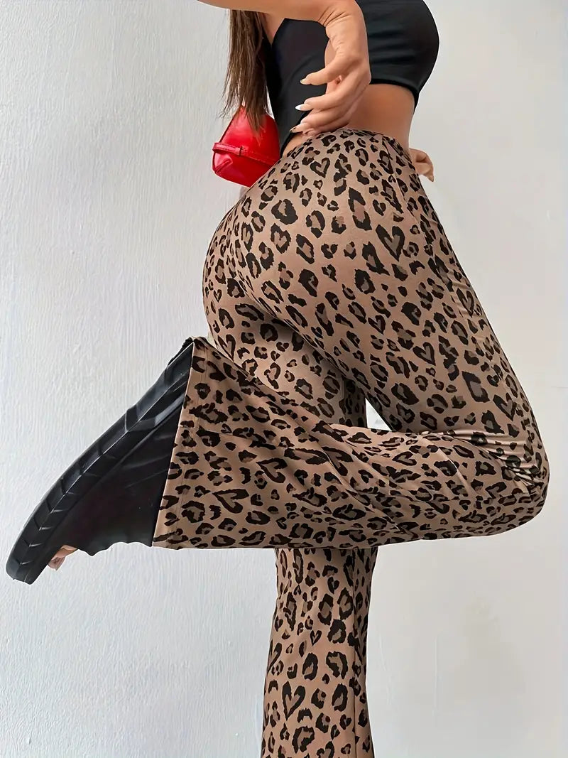 Women's Flare Pants | Leopard Print High Waist Flared
