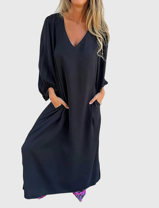 Women's Boho Dress | V-Neck Puff Sleeve Midi Pockets